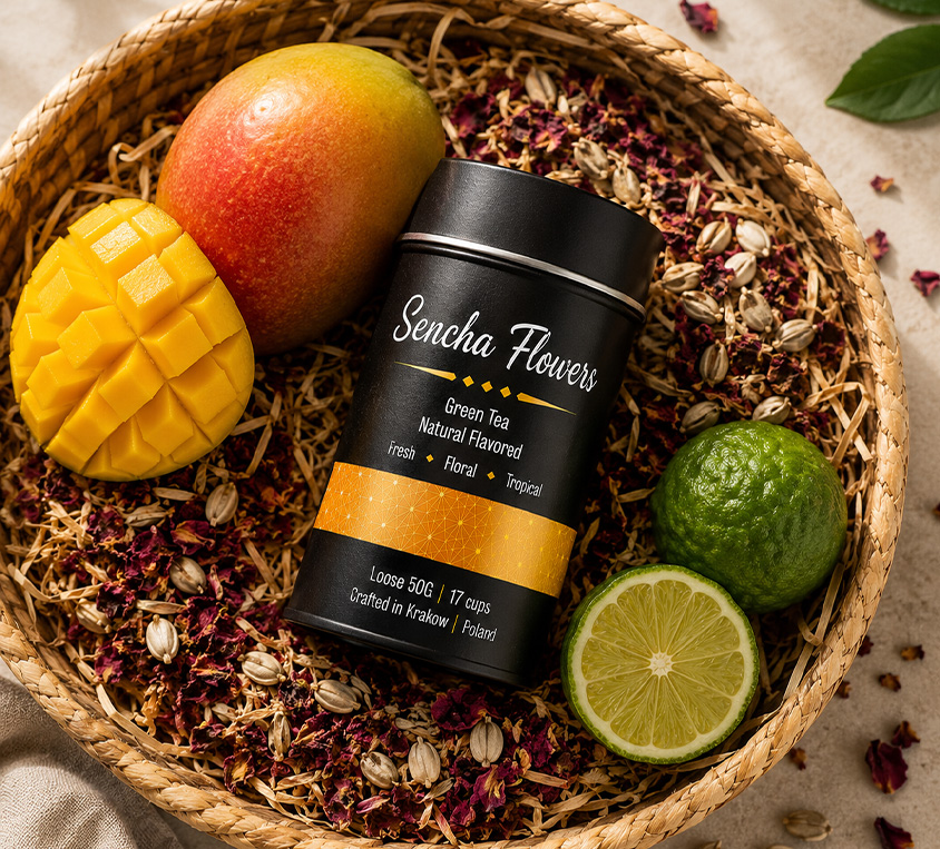 Sencha Flower Leo Tea – zielona herbata smakowa z mango, bergamotką i płatkami kwiatów